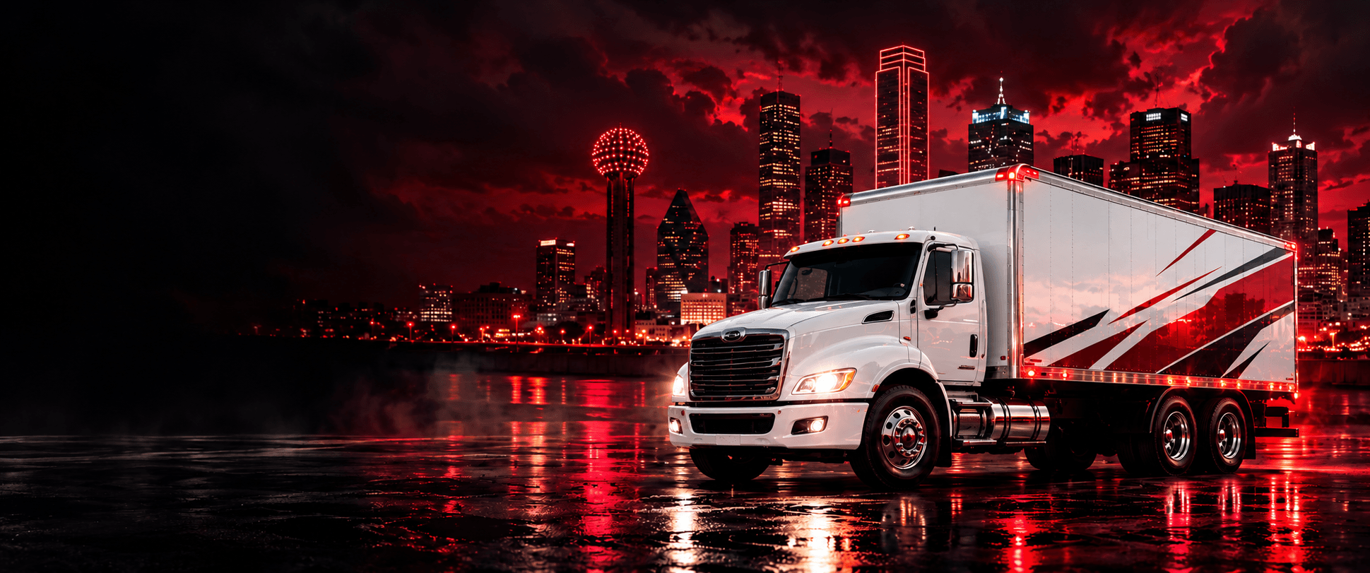 White box truck with two rear axles against the Dallas skyline at night